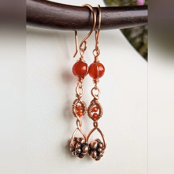 Copper Dangle Earrings Orange-Red Carnelian Agate Artisan Crafted - Picture 8 of 16